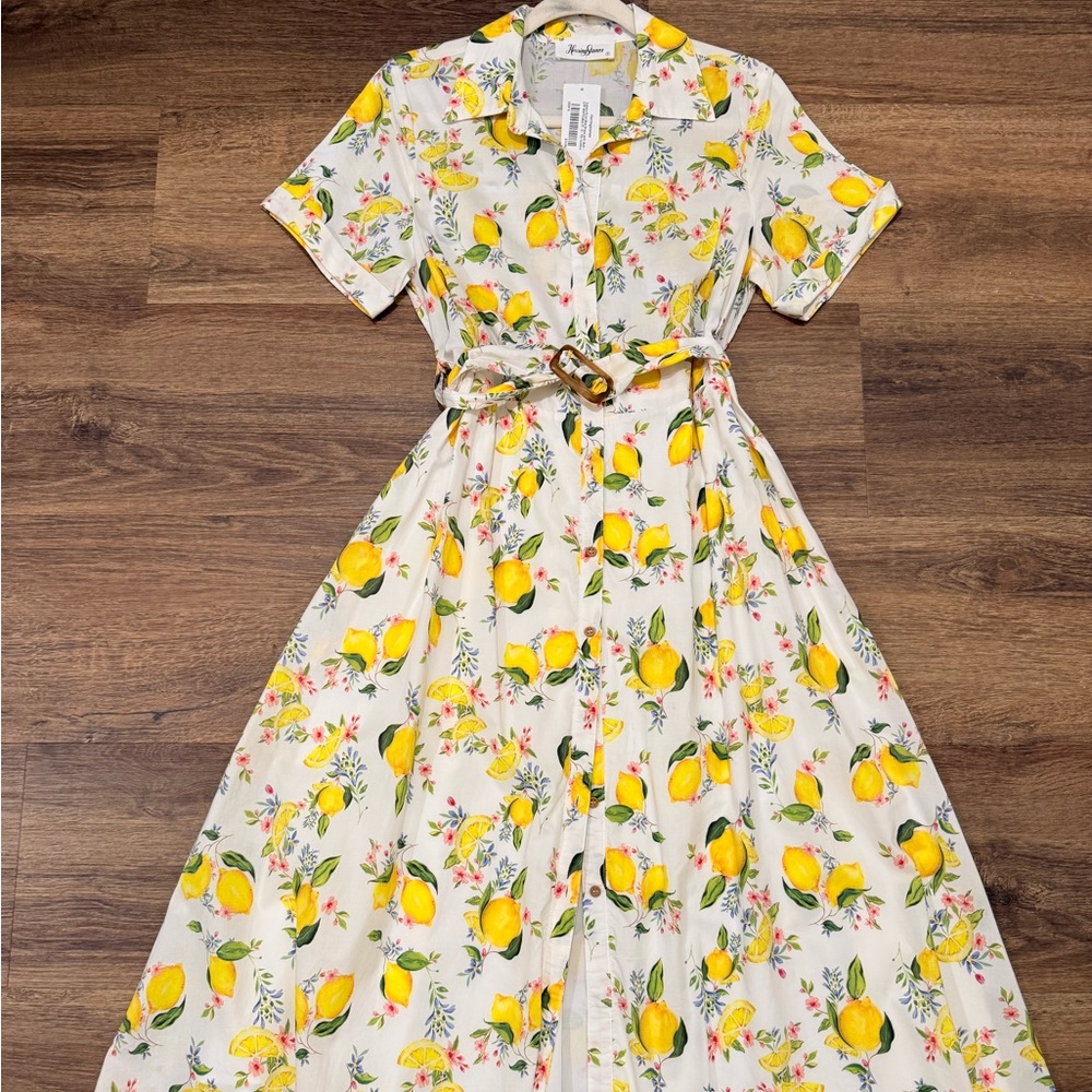 HerringStones | White Dress with Lemon and Floral Print, w/ belt. Size Small